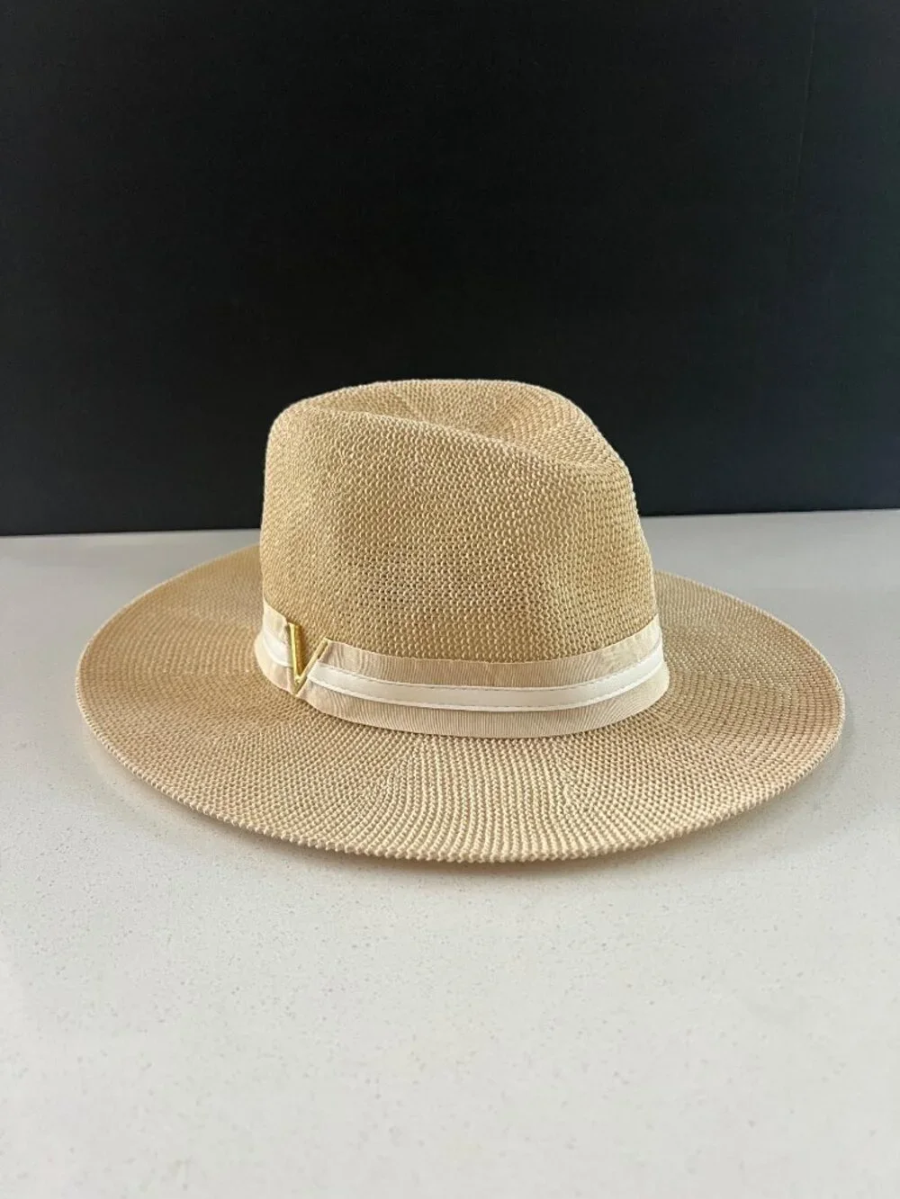 Vince Camuto Grosgrain Faux Leather Band Panama natural Hat size S